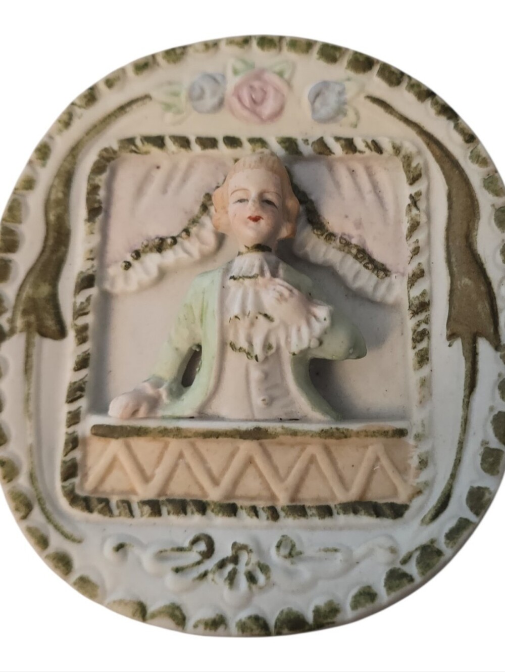 Vintage Mini Japan Wall Bisque Porcelain Window Scene Victorian  Man Japan